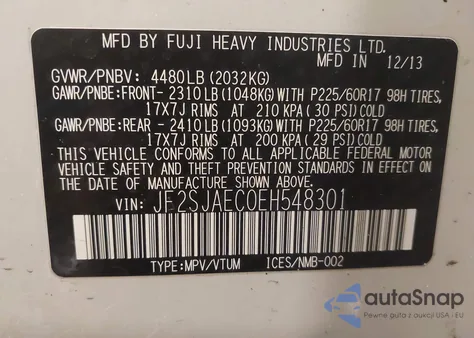 2014 Subaru Forester 2.5I Premium из США, поврежденный, VIN JF2SJAEC0EH548301